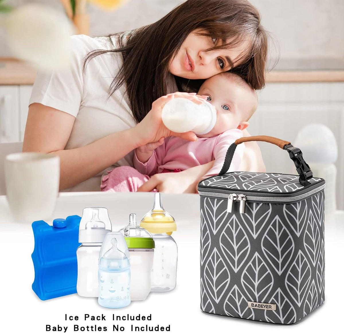 Breast Milk Cooler Bag with Ice Pack Fits 4 Baby Bottles Up to 9 Ounce, Baby Bottle Bag for Nursing Mom Daycare-Grey