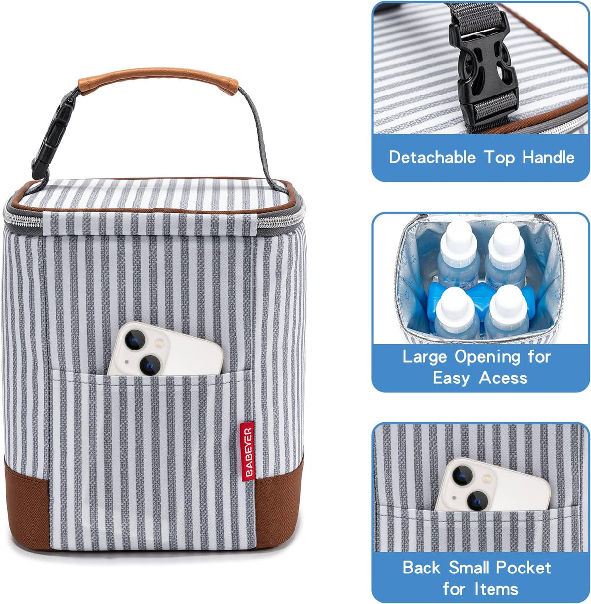 Breast Milk Cooler Bag with Ice Pack Fits 4 Baby Bottles Up to 9 Ounce, Baby Bottle Bag for Nursing Mom Daycare-Grey
