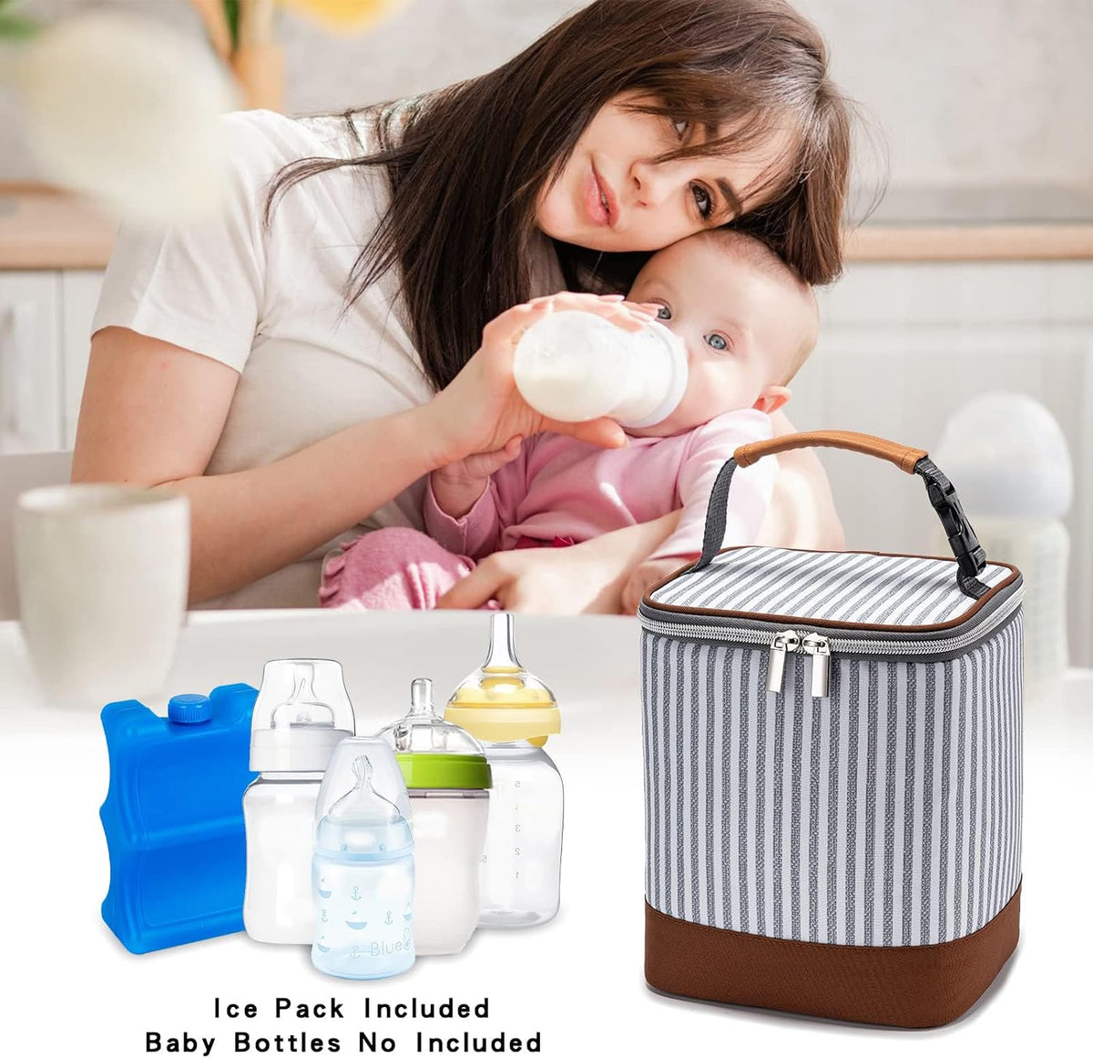 Breast Milk Cooler Bag with Ice Pack Fits 4 Baby Bottles Up to 9 Ounce, Baby Bottle Bag for Nursing Mom Daycare-Grey