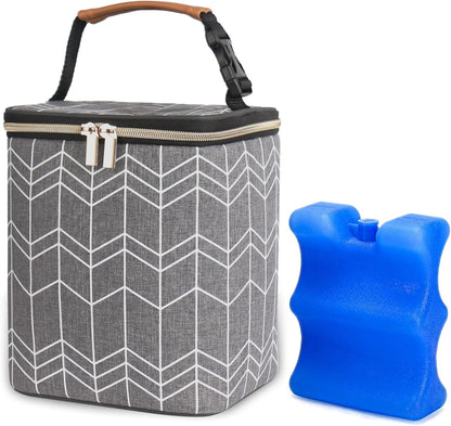 Breast Milk Cooler Bag with Ice Pack Fits 4 Baby Bottles Up to 9 Ounce, Baby Bottle Bag for Nursing Mom Daycare-Grey