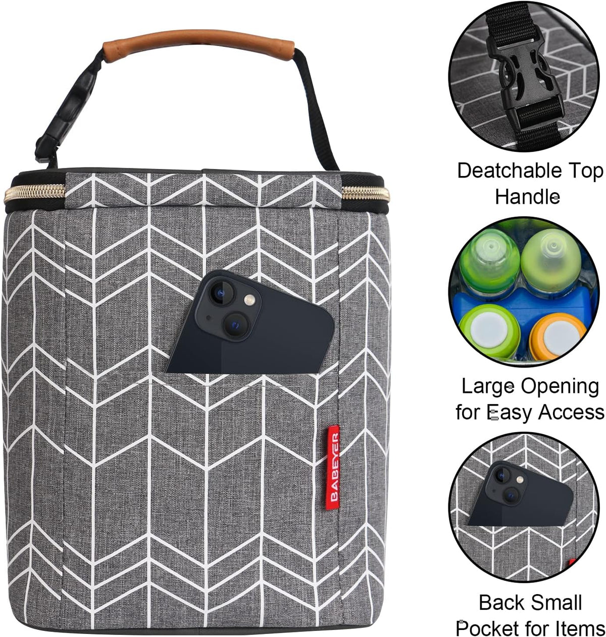 Breast Milk Cooler Bag with Ice Pack Fits 4 Baby Bottles Up to 9 Ounce, Baby Bottle Bag for Nursing Mom Daycare-Grey