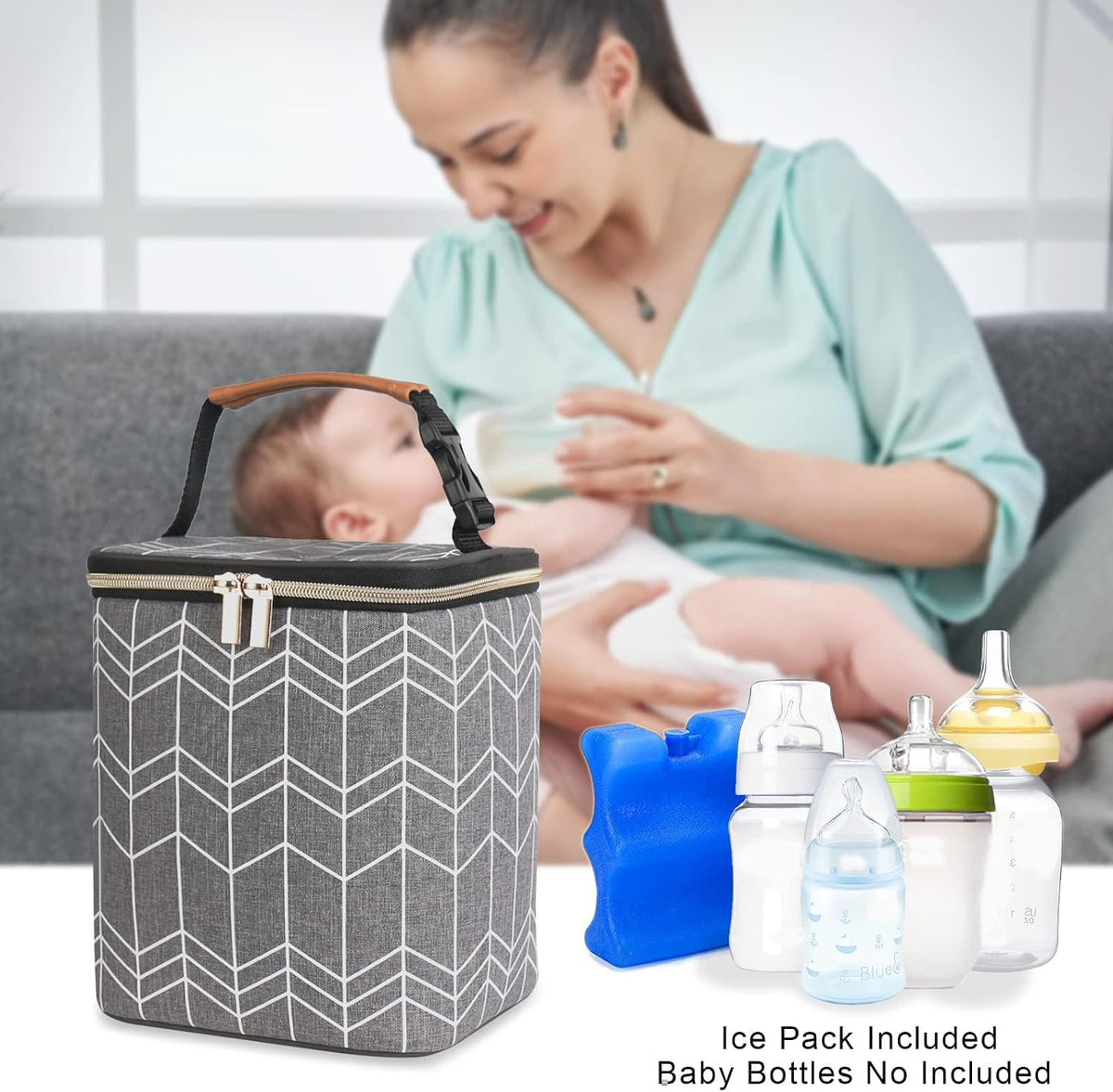 Breast Milk Cooler Bag with Ice Pack Fits 4 Baby Bottles Up to 9 Ounce, Baby Bottle Bag for Nursing Mom Daycare-Grey