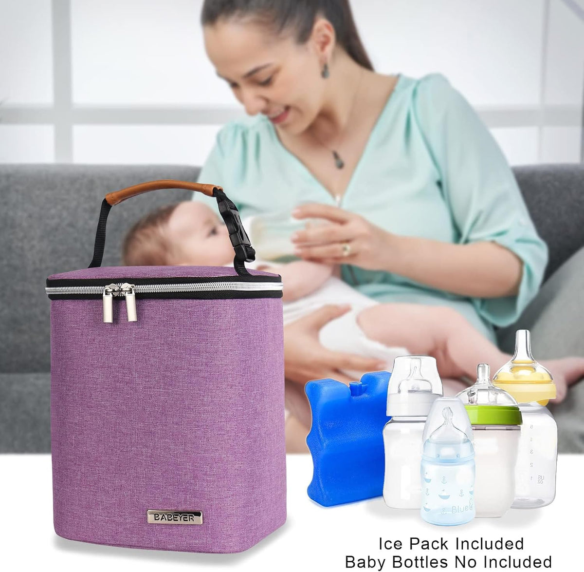 Breast Milk Cooler Bag with Ice Pack Fits 4 Baby Bottles Up to 9 Ounce, Baby Bottle Bag for Nursing Mom Daycare-Grey