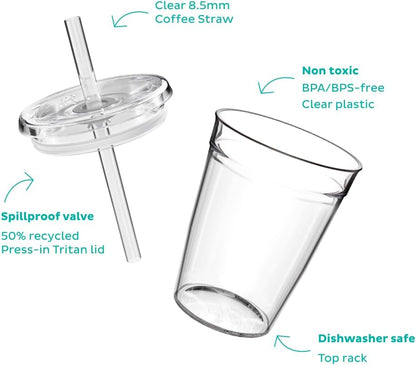 Cold Cup - Clear Plastic, Reusable Ice Coffee Tumbler with Lid and Straw - Tall 12oz (340ml)
