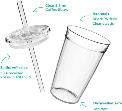 Cold Cup - Clear Plastic, Reusable Ice Coffee Tumbler with Lid and Straw - Tall 12oz (340ml)