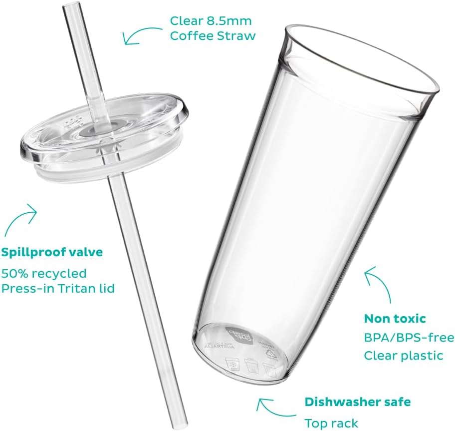 Cold Cup - Clear Plastic, Reusable Ice Coffee Tumbler with Lid and Straw - Tall 12oz (340ml)