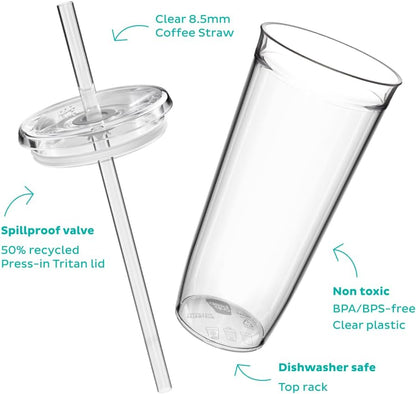 Cold Cup - Clear Plastic, Reusable Ice Coffee Tumbler with Lid and Straw - Tall 12oz (340ml)