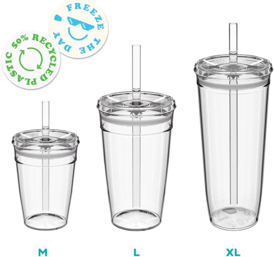 Cold Cup - Clear Plastic, Reusable Ice Coffee Tumbler with Lid and Straw - Tall 12oz (340ml)