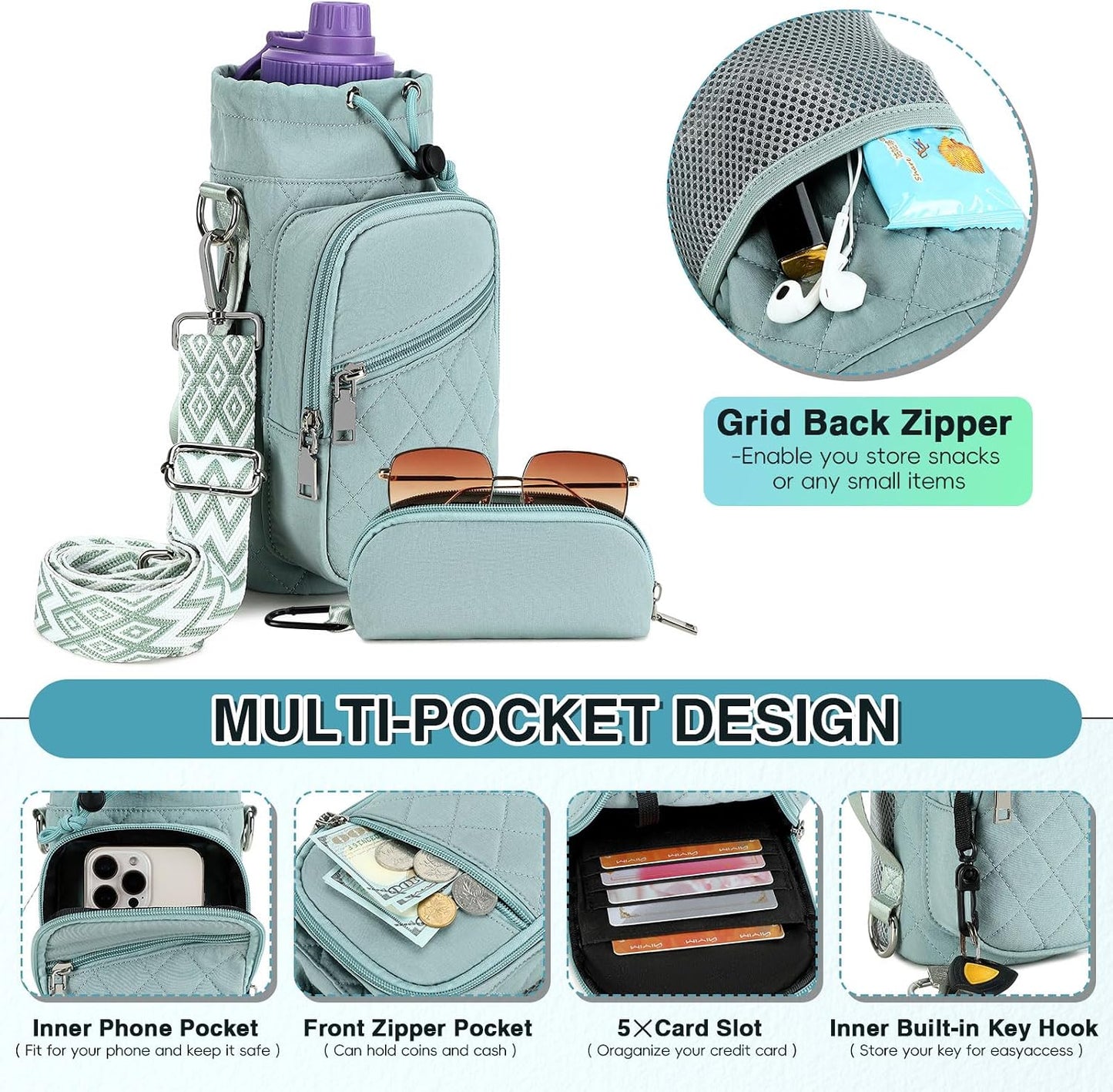 Water Bottle Carrier Bag with Strap, Water Bottle Holder Crossbody Bags for Women Men for Walking, Hiking,Cycling