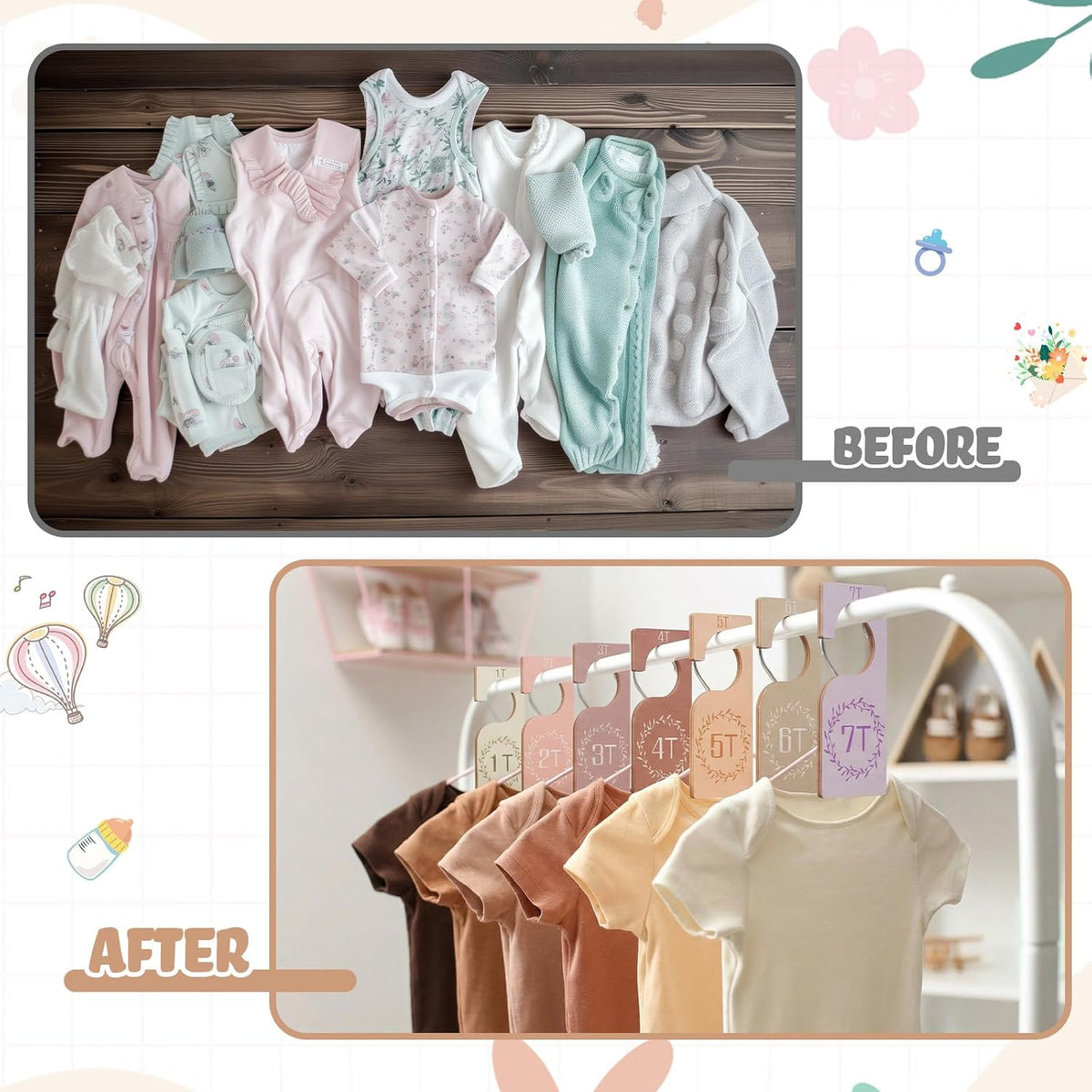 7 Pcs Baby Closet Dividers Wooden Clothes Organizer, Earth Tone