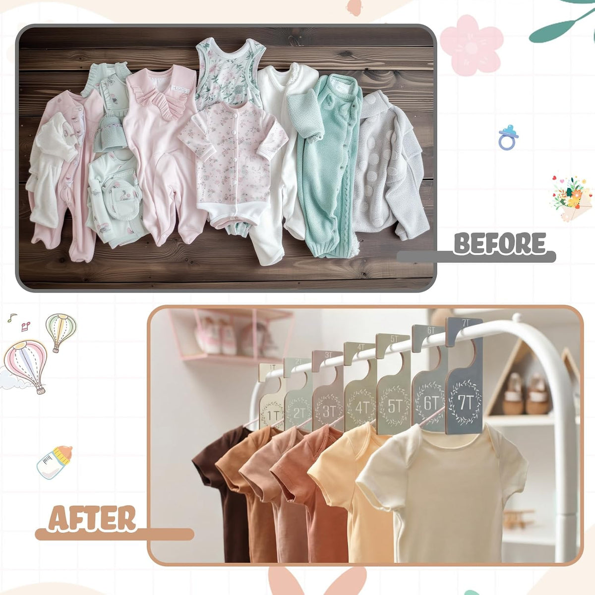 7 Pcs Baby Closet Dividers Wooden Clothes Organizer, Earth Tone
