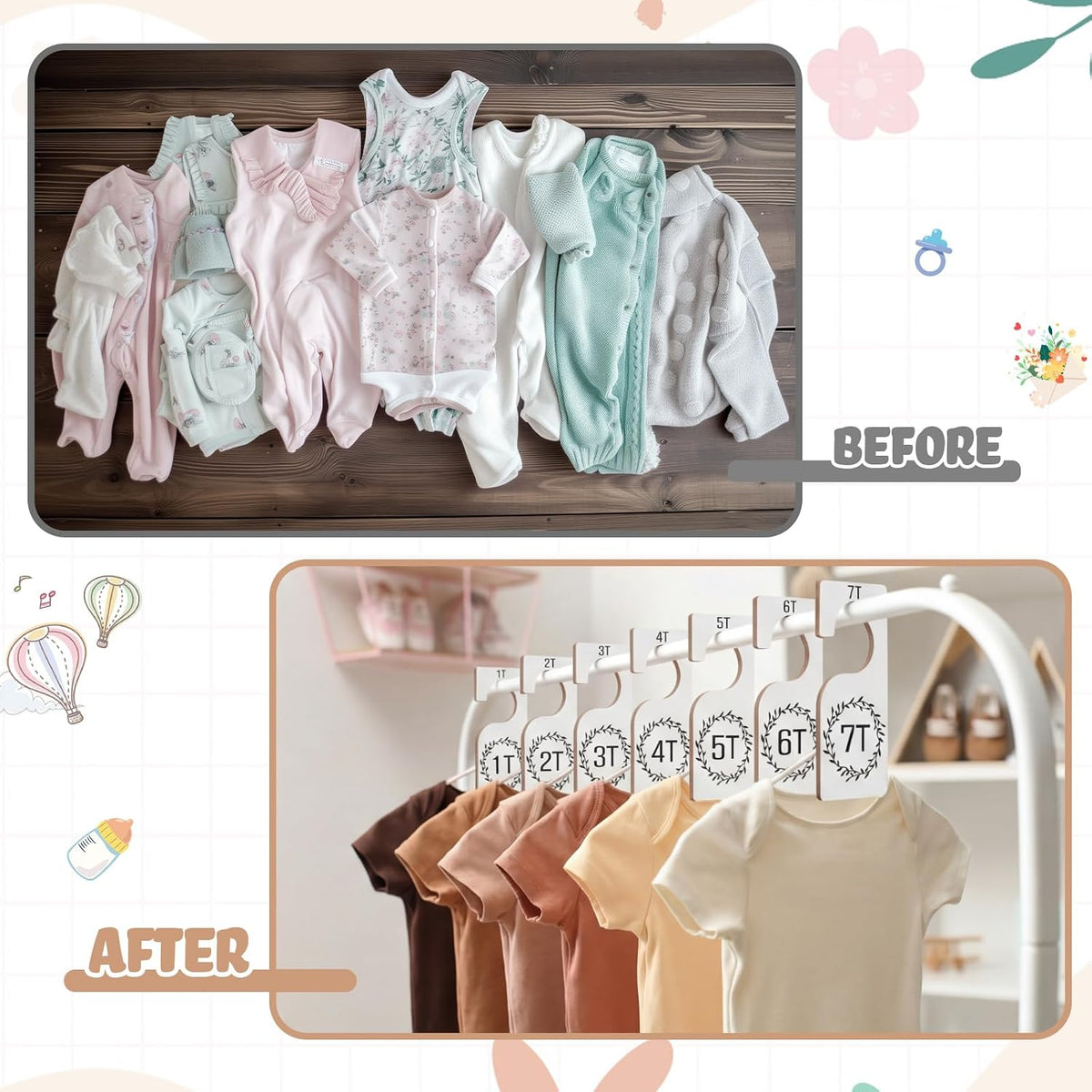 7 Pcs Baby Closet Dividers Wooden Clothes Organizer, Earth Tone