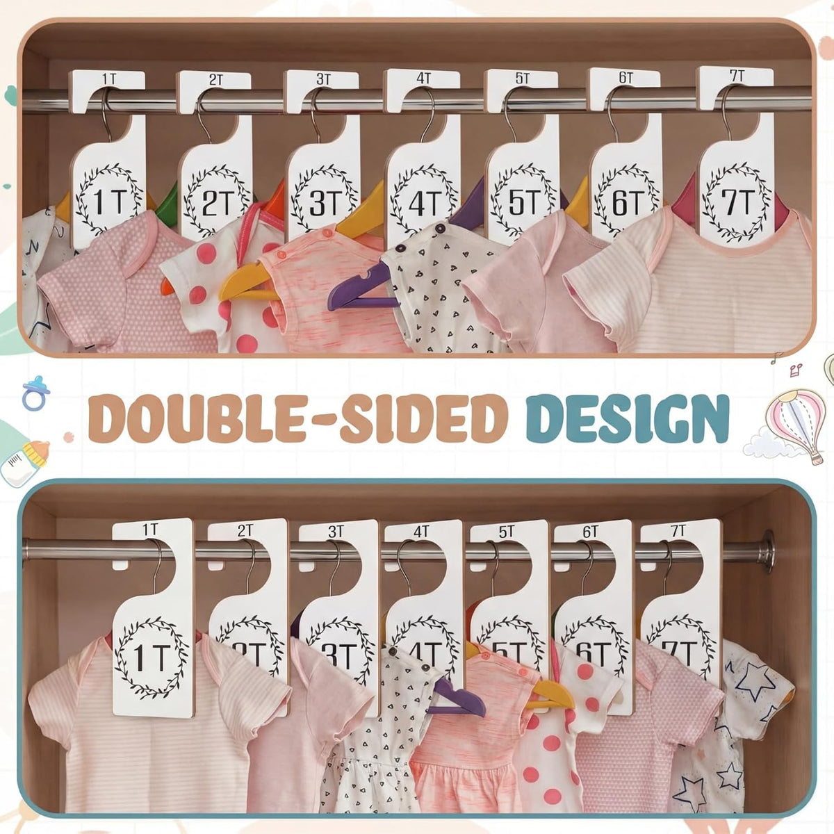 7 Pcs Baby Closet Dividers Wooden Clothes Organizer, Earth Tone