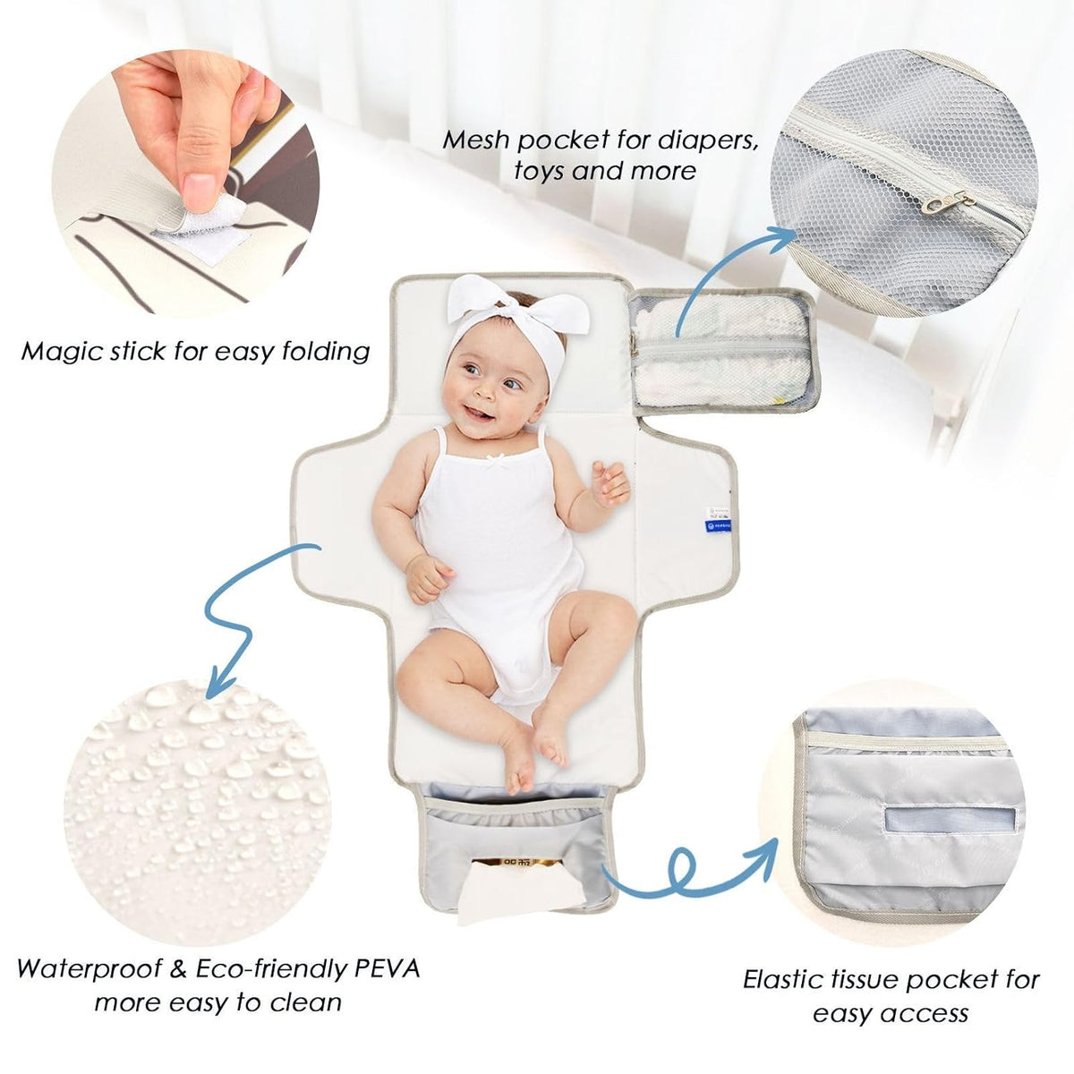 Pink Bow Portable Diaper Changing Pad - Waterproof Foldable Baby Diaper Changing Pad with Built-in Pillow, Travel Diaper Changing Mat for Newborn Baby