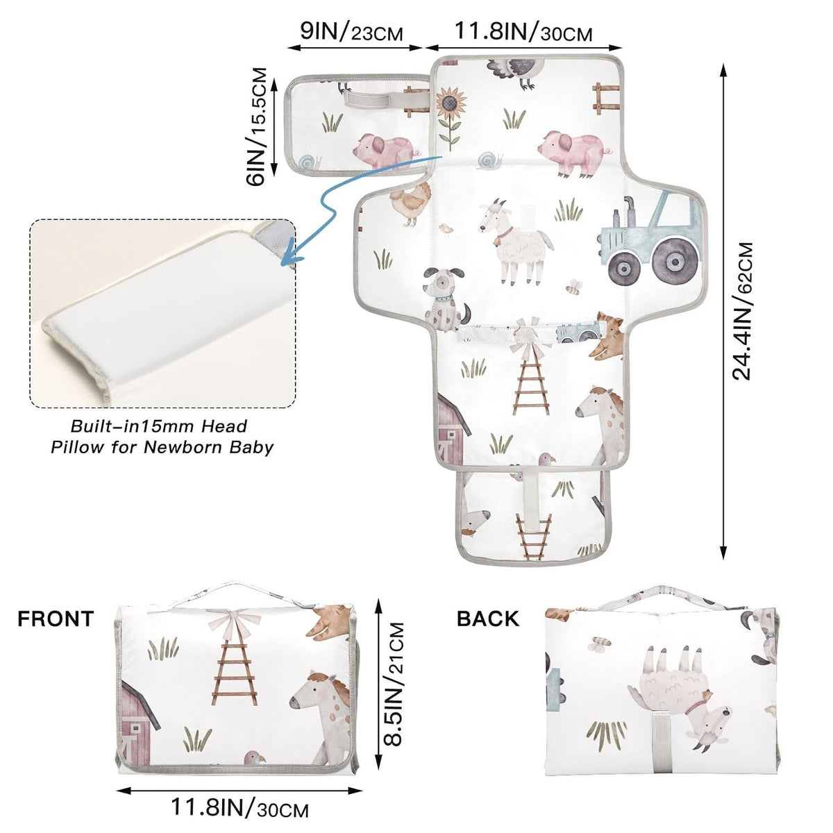 Pink Bow Portable Diaper Changing Pad - Waterproof Foldable Baby Diaper Changing Pad with Built-in Pillow, Travel Diaper Changing Mat for Newborn Baby
