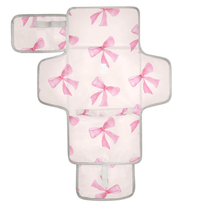 Pink Bow Portable Diaper Changing Pad - Waterproof Foldable Baby Diaper Changing Pad with Built-in Pillow, Travel Diaper Changing Mat for Newborn Baby