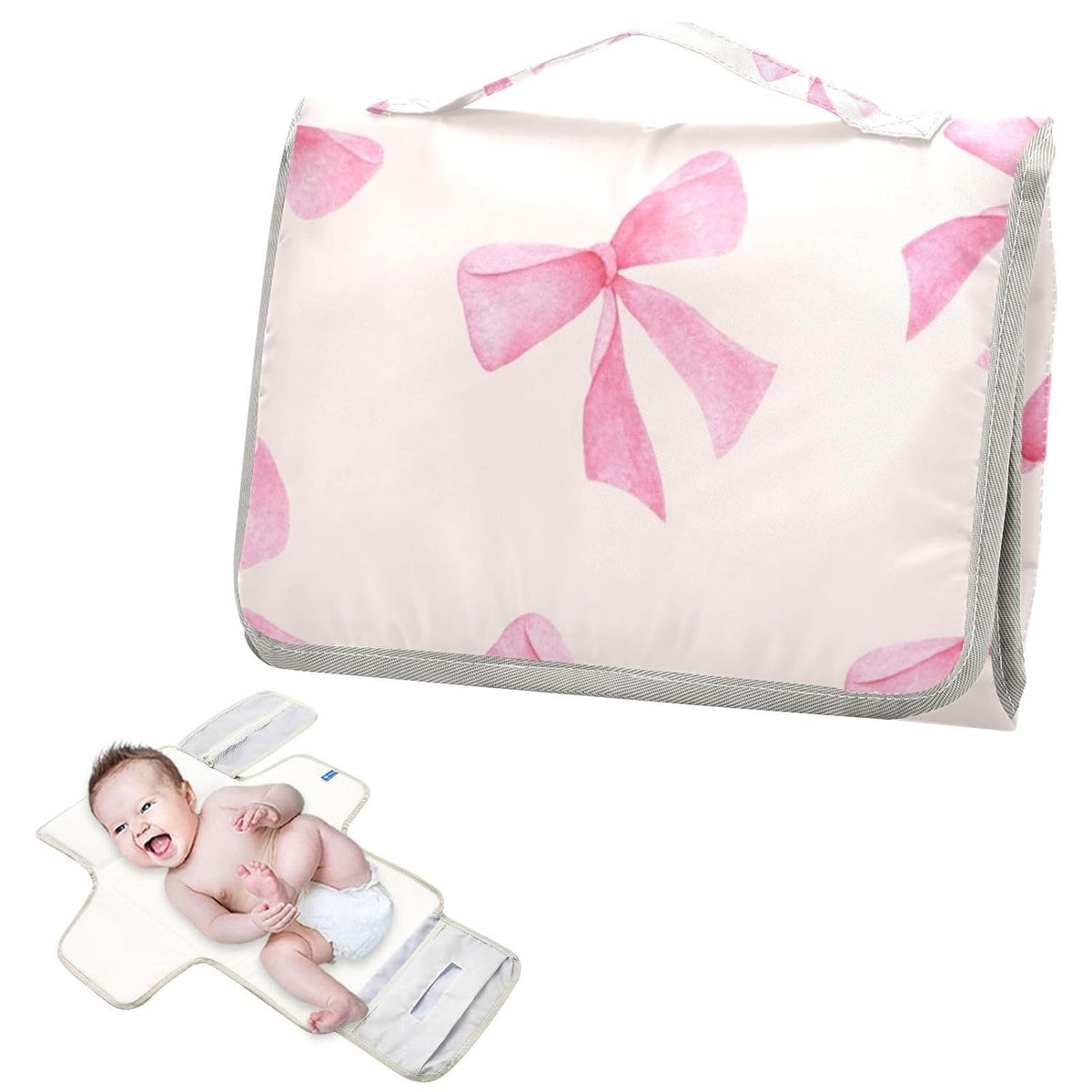 Pink Bow Portable Diaper Changing Pad - Waterproof Foldable Baby Diaper Changing Pad with Built-in Pillow, Travel Diaper Changing Mat for Newborn Baby
