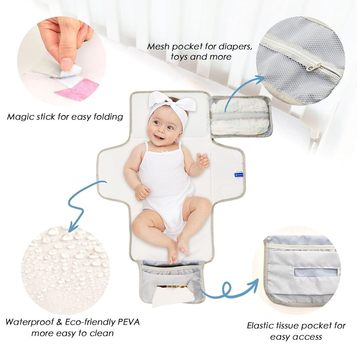 Pink Bow Portable Diaper Changing Pad - Waterproof Foldable Baby Diaper Changing Pad with Built-in Pillow, Travel Diaper Changing Mat for Newborn Baby