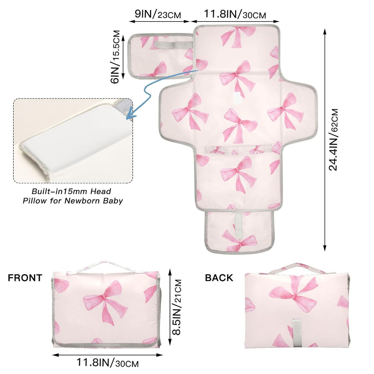 Pink Bow Portable Diaper Changing Pad - Waterproof Foldable Baby Diaper Changing Pad with Built-in Pillow, Travel Diaper Changing Mat for Newborn Baby