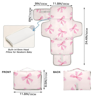 Pink Bow Portable Diaper Changing Pad - Waterproof Foldable Baby Diaper Changing Pad with Built-in Pillow, Travel Diaper Changing Mat for Newborn Baby
