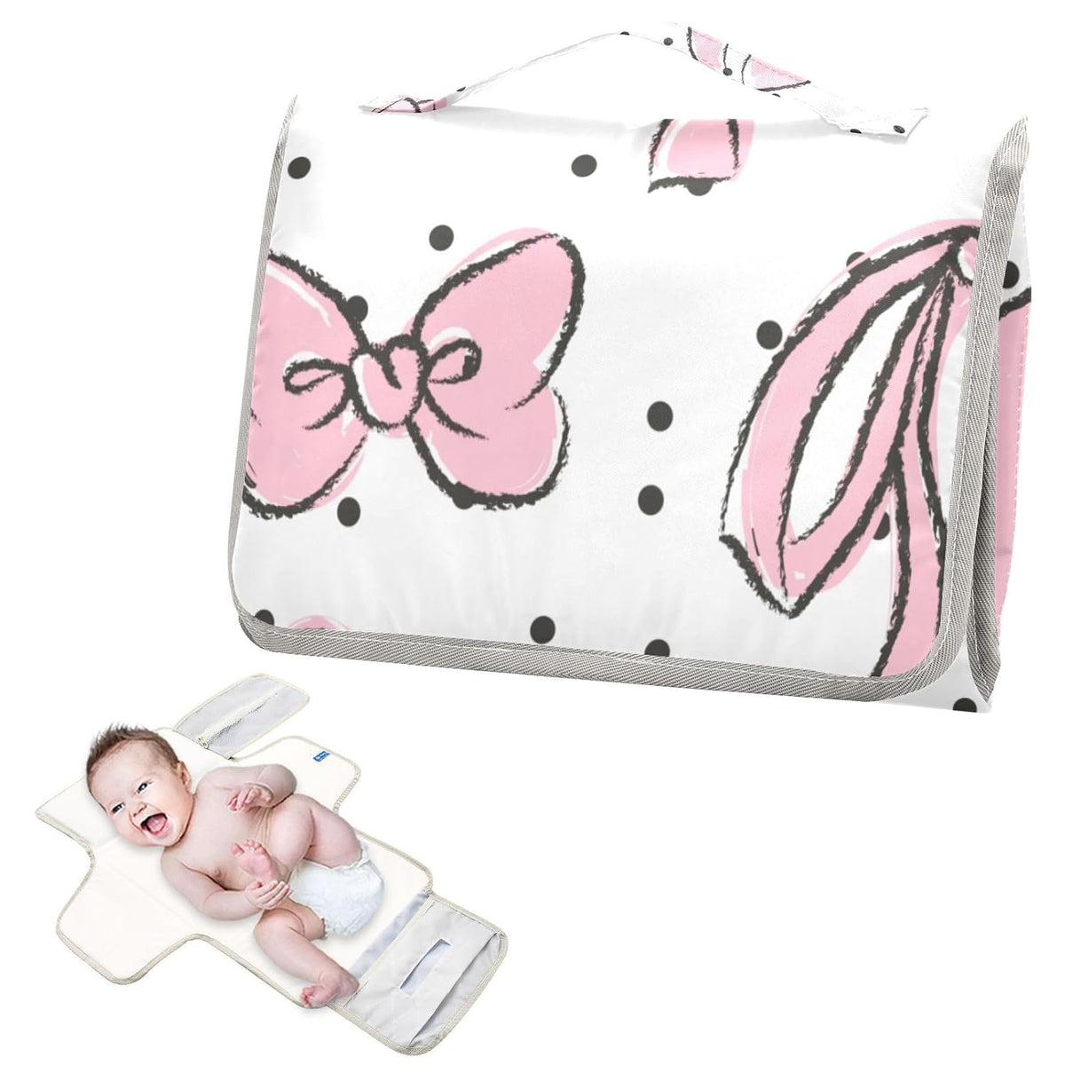 Pink Bow Portable Diaper Changing Pad - Waterproof Foldable Baby Diaper Changing Pad with Built-in Pillow, Travel Diaper Changing Mat for Newborn Baby