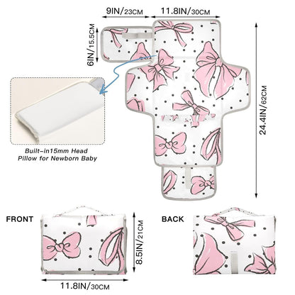 Pink Bow Portable Diaper Changing Pad - Waterproof Foldable Baby Diaper Changing Pad with Built-in Pillow, Travel Diaper Changing Mat for Newborn Baby