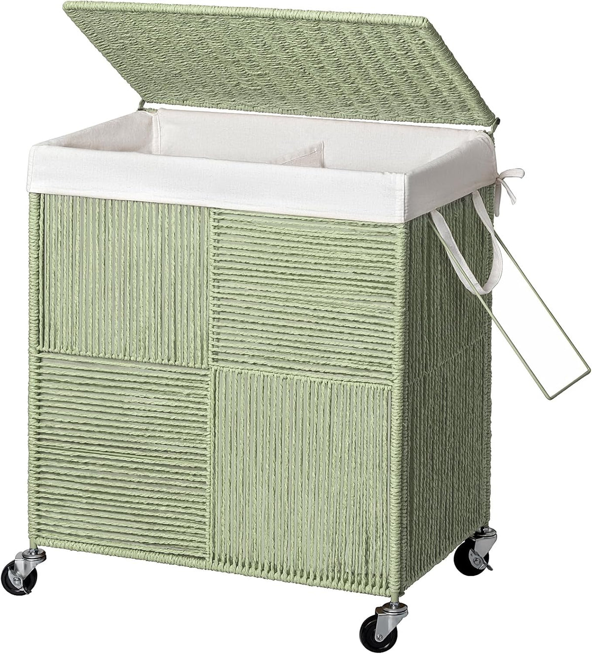Double Laundry Hamper with Wheels, Handwoven Rolling Laundry Basket