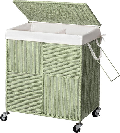 Double Laundry Hamper with Wheels, Handwoven Rolling Laundry Basket