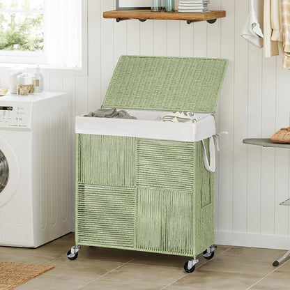 Double Laundry Hamper with Wheels, Handwoven Rolling Laundry Basket