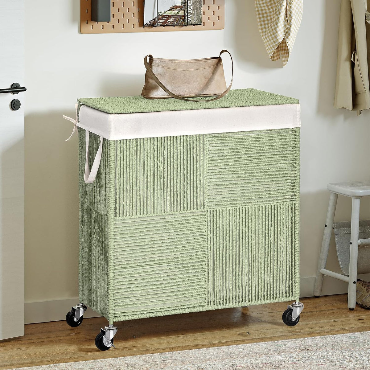 Double Laundry Hamper with Wheels, Handwoven Rolling Laundry Basket