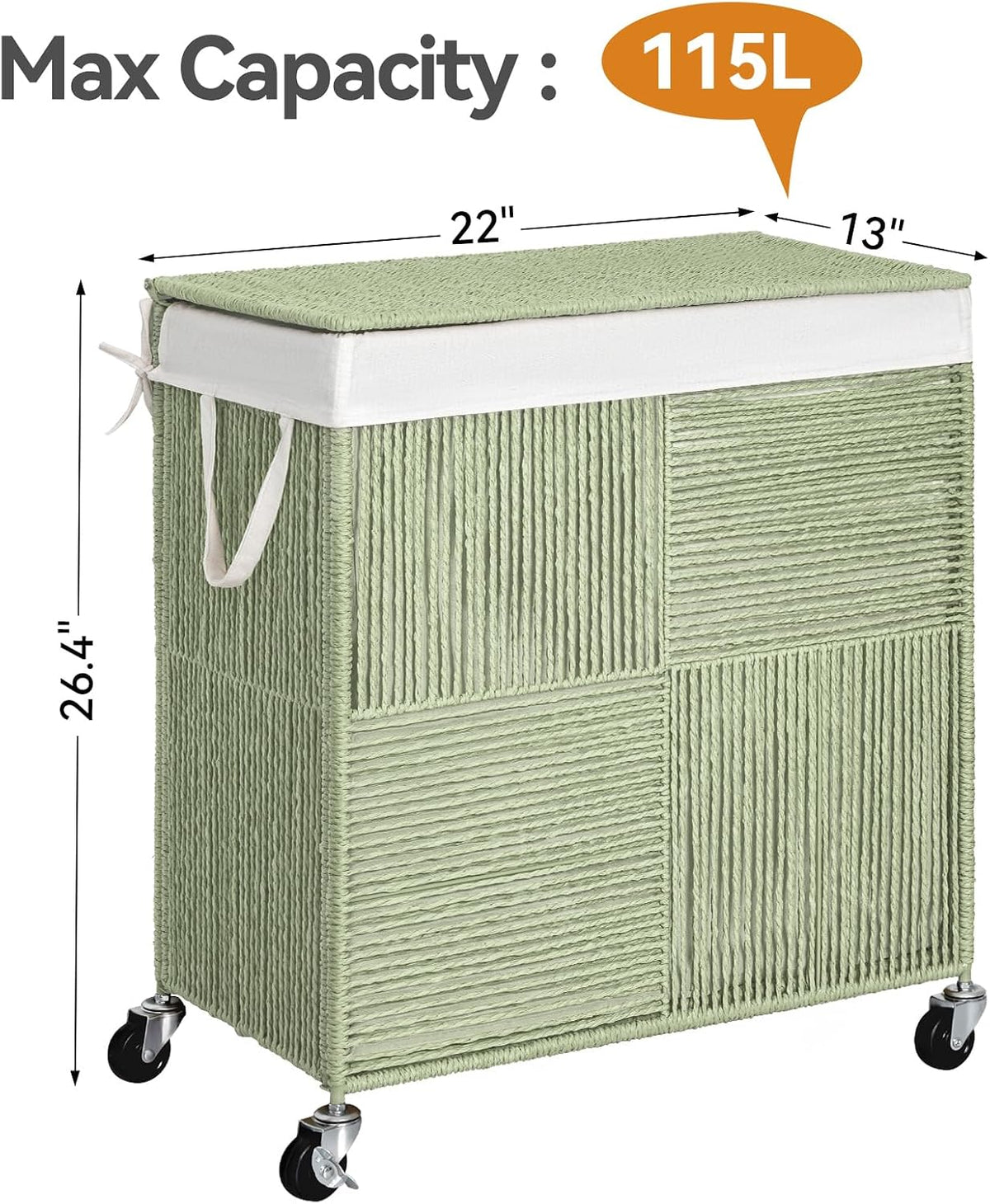 Double Laundry Hamper with Wheels, Handwoven Rolling Laundry Basket