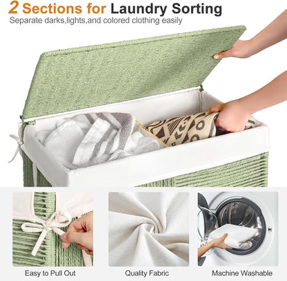 Double Laundry Hamper with Wheels, Handwoven Rolling Laundry Basket