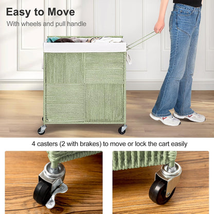 Double Laundry Hamper with Wheels, Handwoven Rolling Laundry Basket