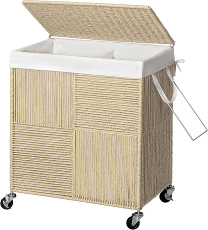 Double Laundry Hamper with Wheels, Handwoven Rolling Laundry Basket