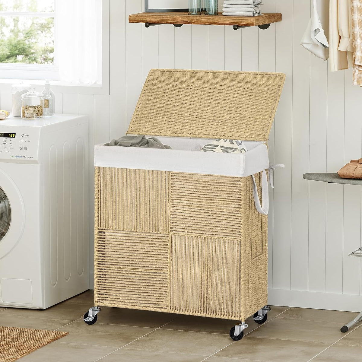Double Laundry Hamper with Wheels, Handwoven Rolling Laundry Basket