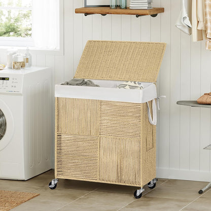 Double Laundry Hamper with Wheels, Handwoven Rolling Laundry Basket