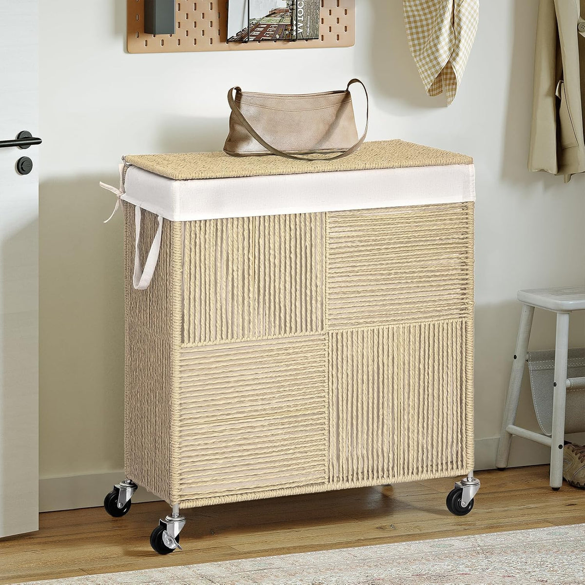 Double Laundry Hamper with Wheels, Handwoven Rolling Laundry Basket