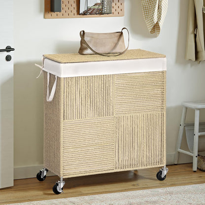 Double Laundry Hamper with Wheels, Handwoven Rolling Laundry Basket
