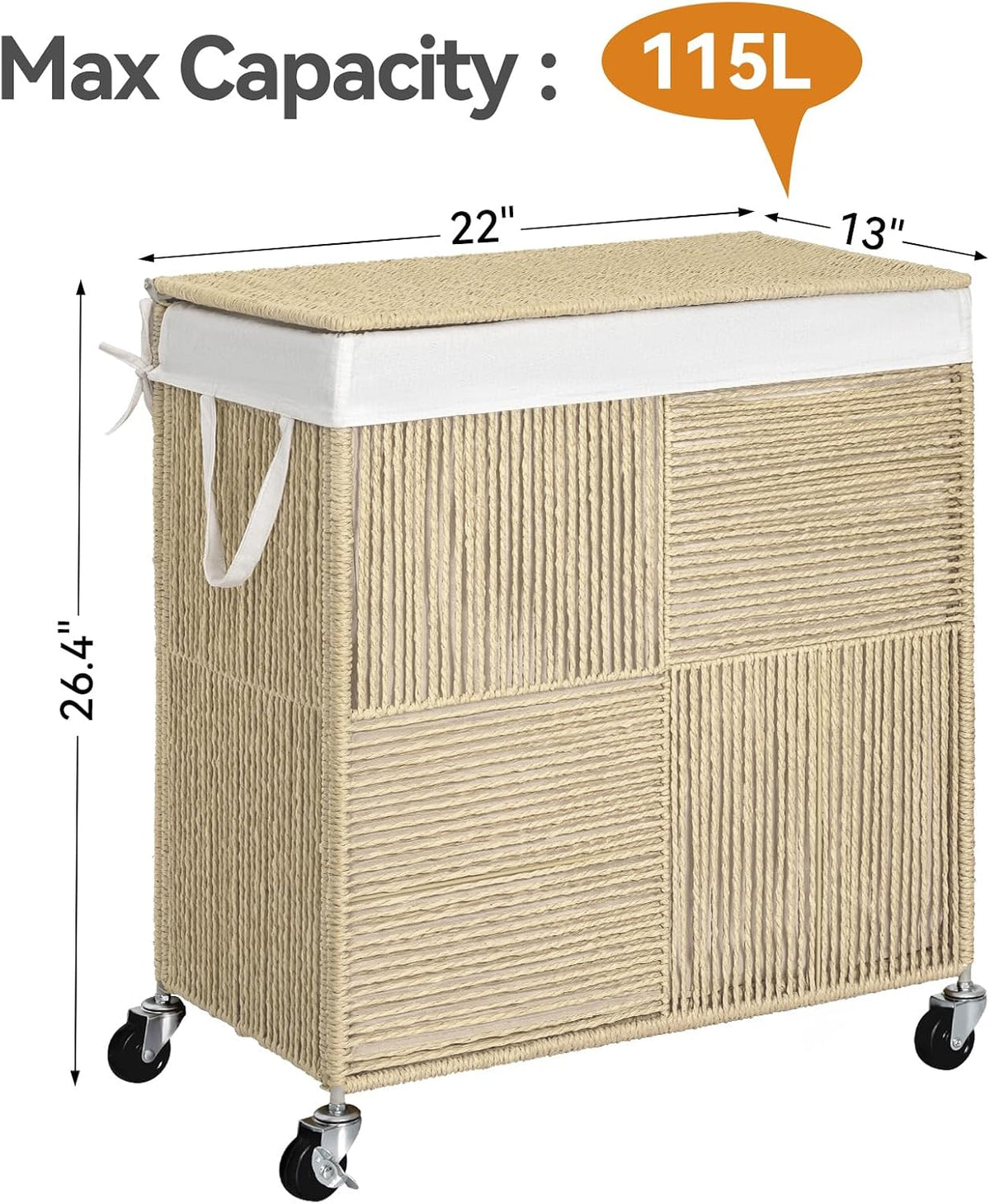 Double Laundry Hamper with Wheels, Handwoven Rolling Laundry Basket