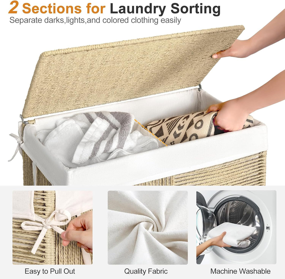 Double Laundry Hamper with Wheels, Handwoven Rolling Laundry Basket