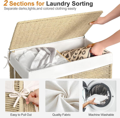 Double Laundry Hamper with Wheels, Handwoven Rolling Laundry Basket