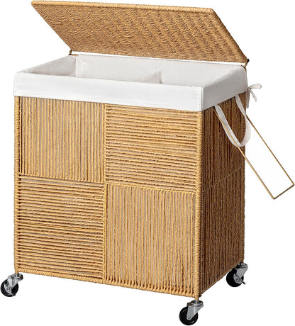 Double Laundry Hamper with Wheels, Handwoven Rolling Laundry Basket