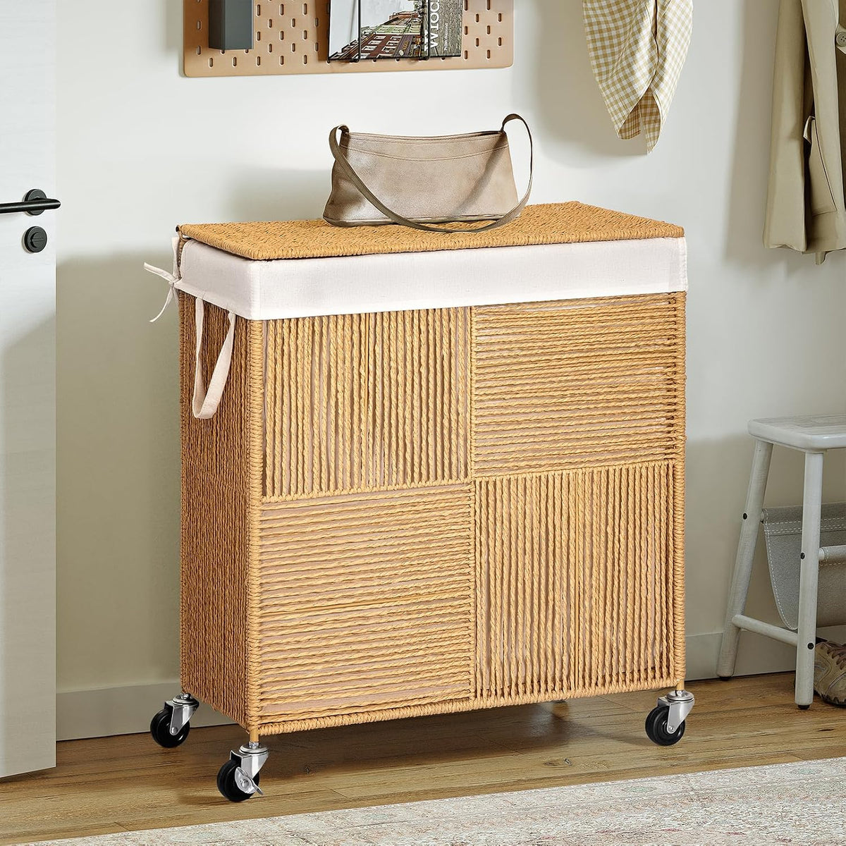 Double Laundry Hamper with Wheels, Handwoven Rolling Laundry Basket