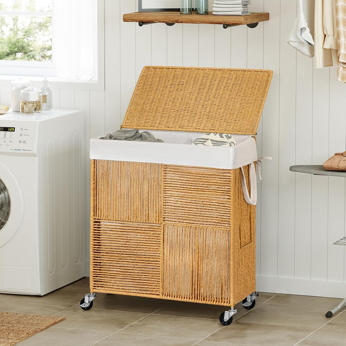 Double Laundry Hamper with Wheels, Handwoven Rolling Laundry Basket