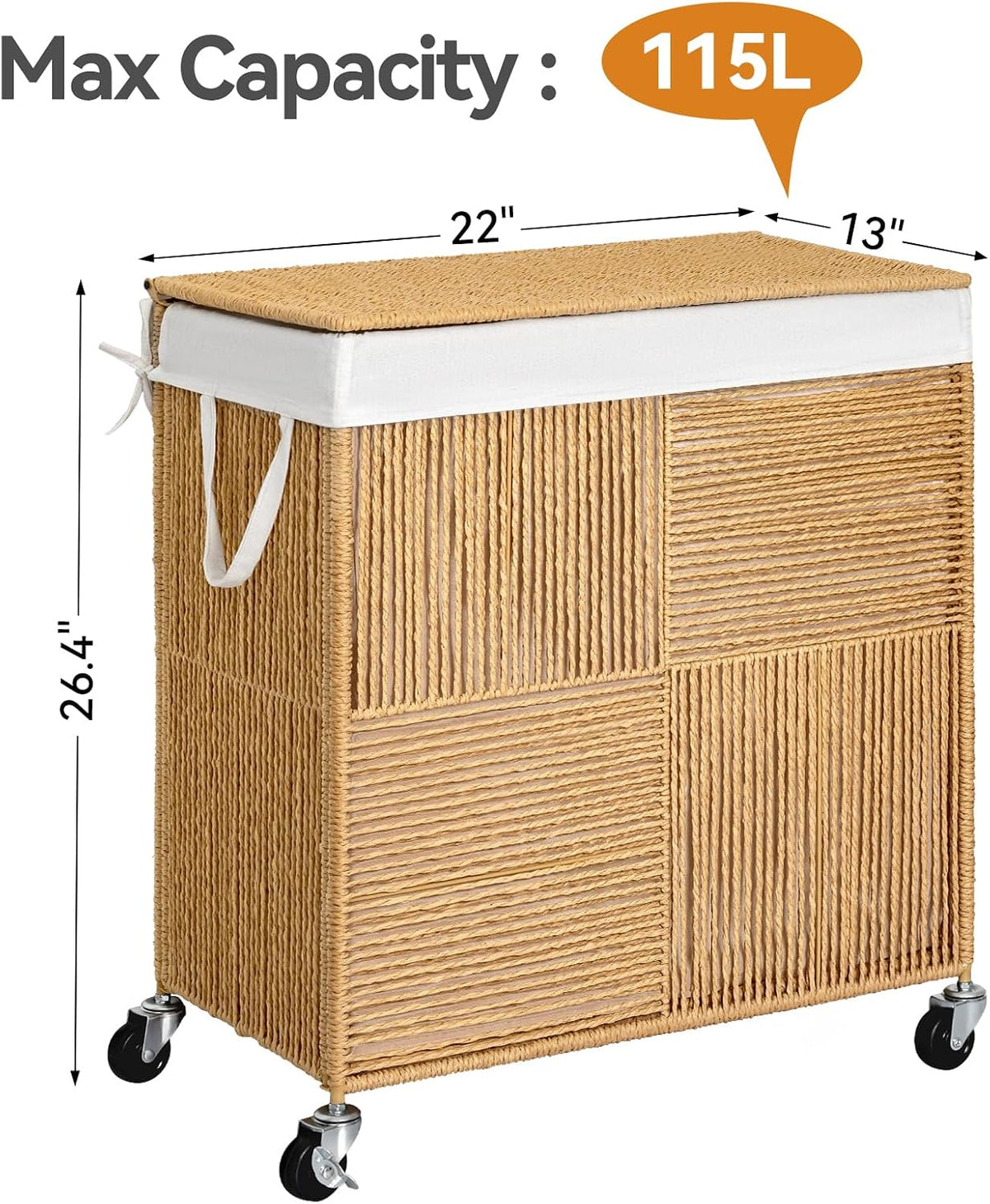 Double Laundry Hamper with Wheels, Handwoven Rolling Laundry Basket