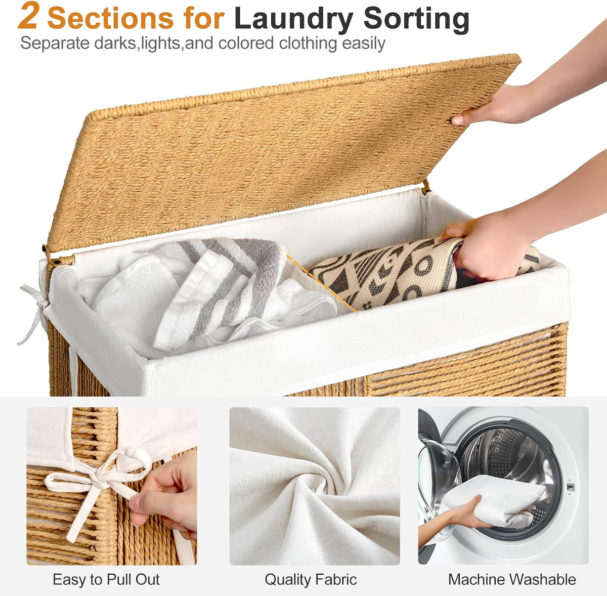 Double Laundry Hamper with Wheels, Handwoven Rolling Laundry Basket