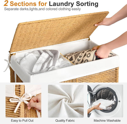 Double Laundry Hamper with Wheels, Handwoven Rolling Laundry Basket