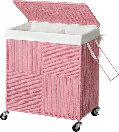 Double Laundry Hamper with Wheels, Handwoven Rolling Laundry Basket