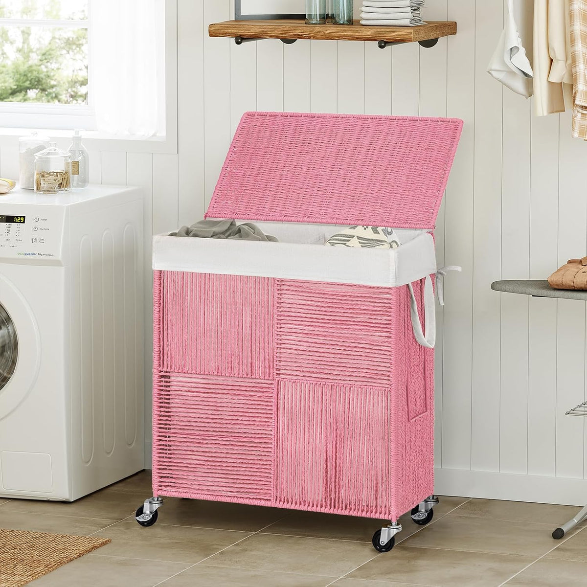 Double Laundry Hamper with Wheels, Handwoven Rolling Laundry Basket