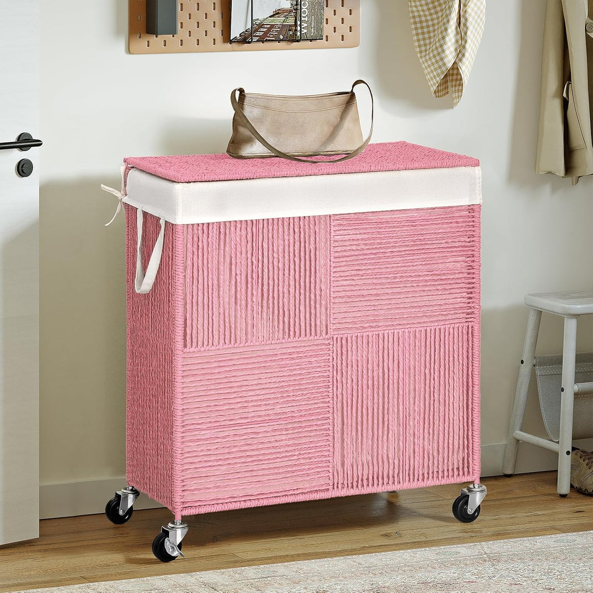 Double Laundry Hamper with Wheels, Handwoven Rolling Laundry Basket